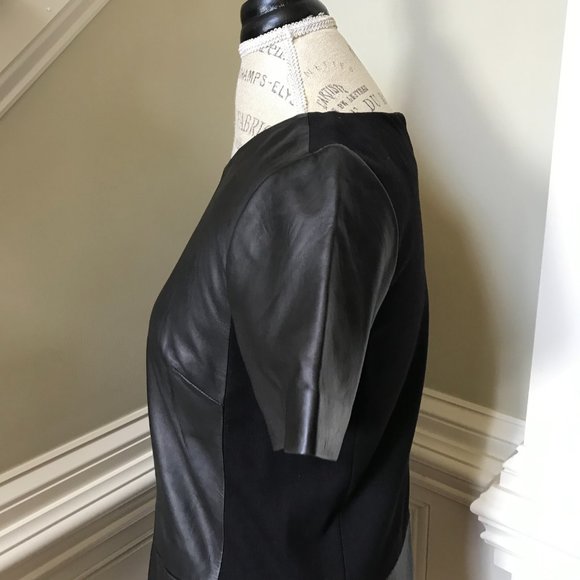 Halogen Leather Ponte Knit Shift Dress Womens Small Black Short Sleeve Crew Neck - Picture 10 of 13